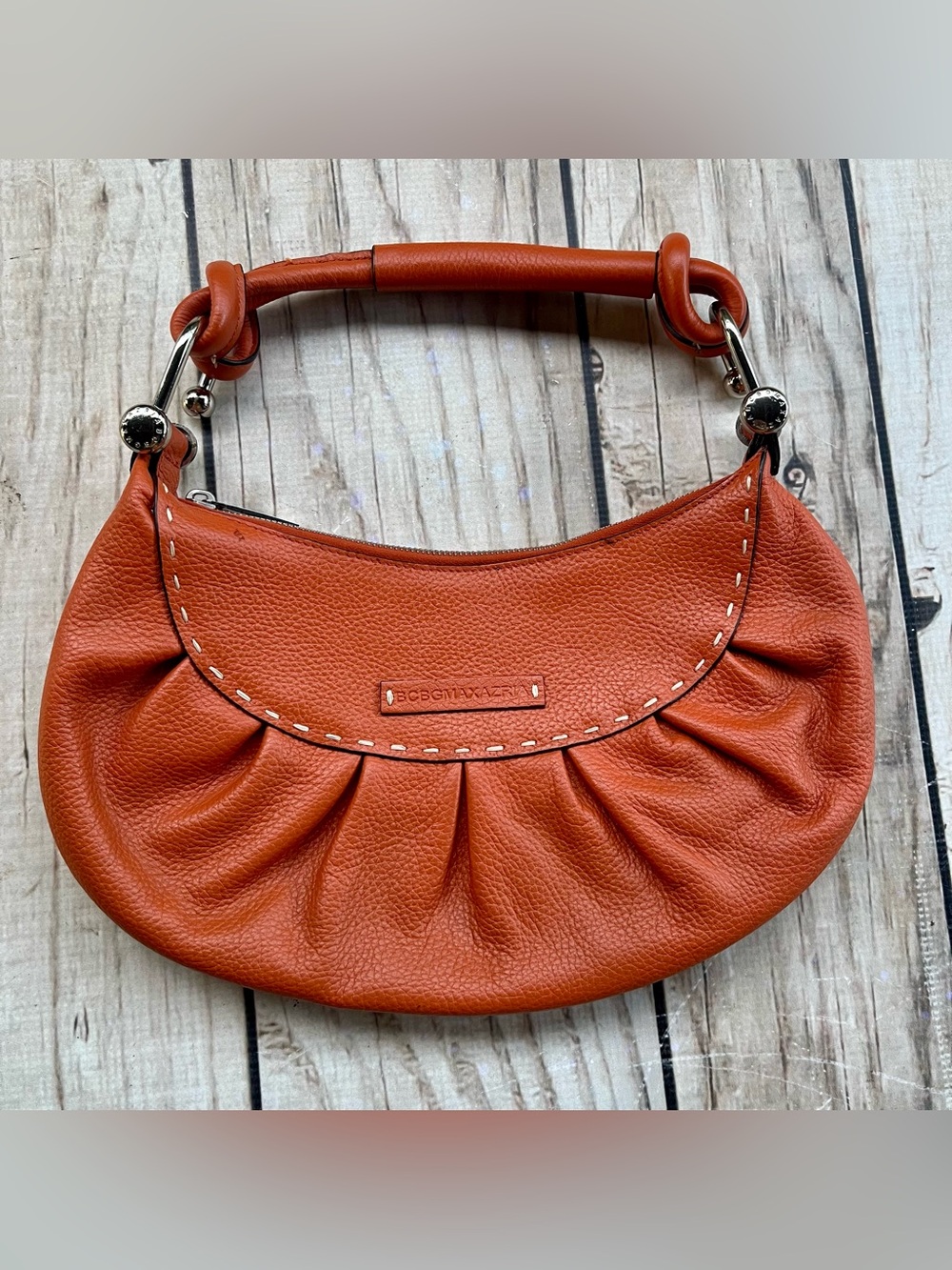 BCBG Max Azria Burnt Orange Crescent Hobo Baquette Handbag Purse Fall Boho